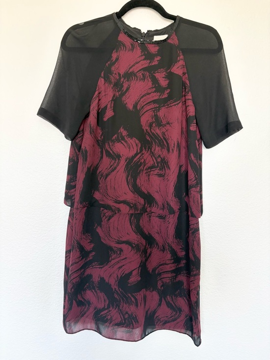 Reiss Black Burgundy Swirl Print Chiffon Dress Beaded Collar Sheer Sleeve Size 2 - Picture 2 of 9